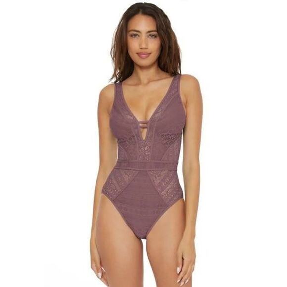 BECCA by Rebecca Virtue Color Play Plunge Crochet Swimsuit Sz L Fig Purple NWT - Picture 1 of 16